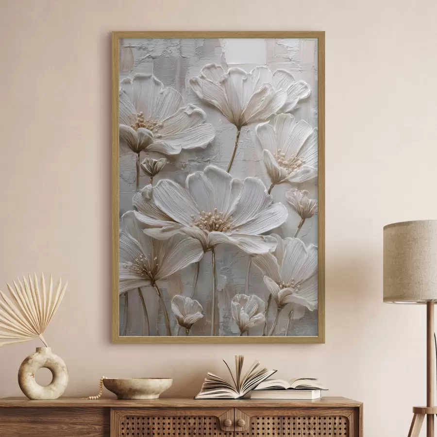 Fotobehang crèmekleurige bloemen in imitatie-impastostijl f45713