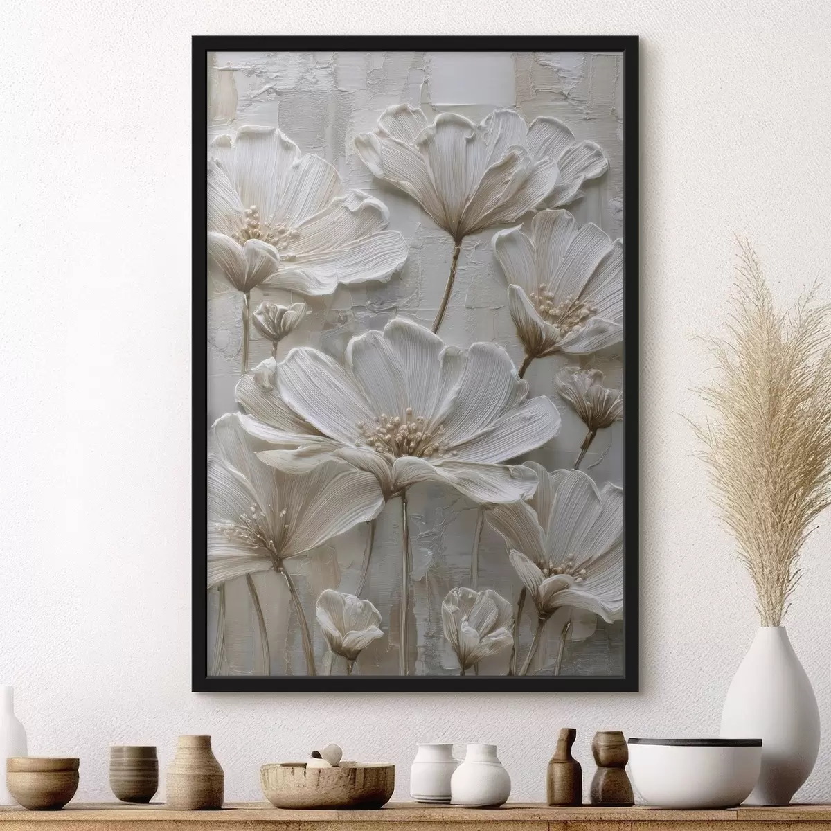 Poster crèmekleurige bloemen in imitatie-impastostijl f45713