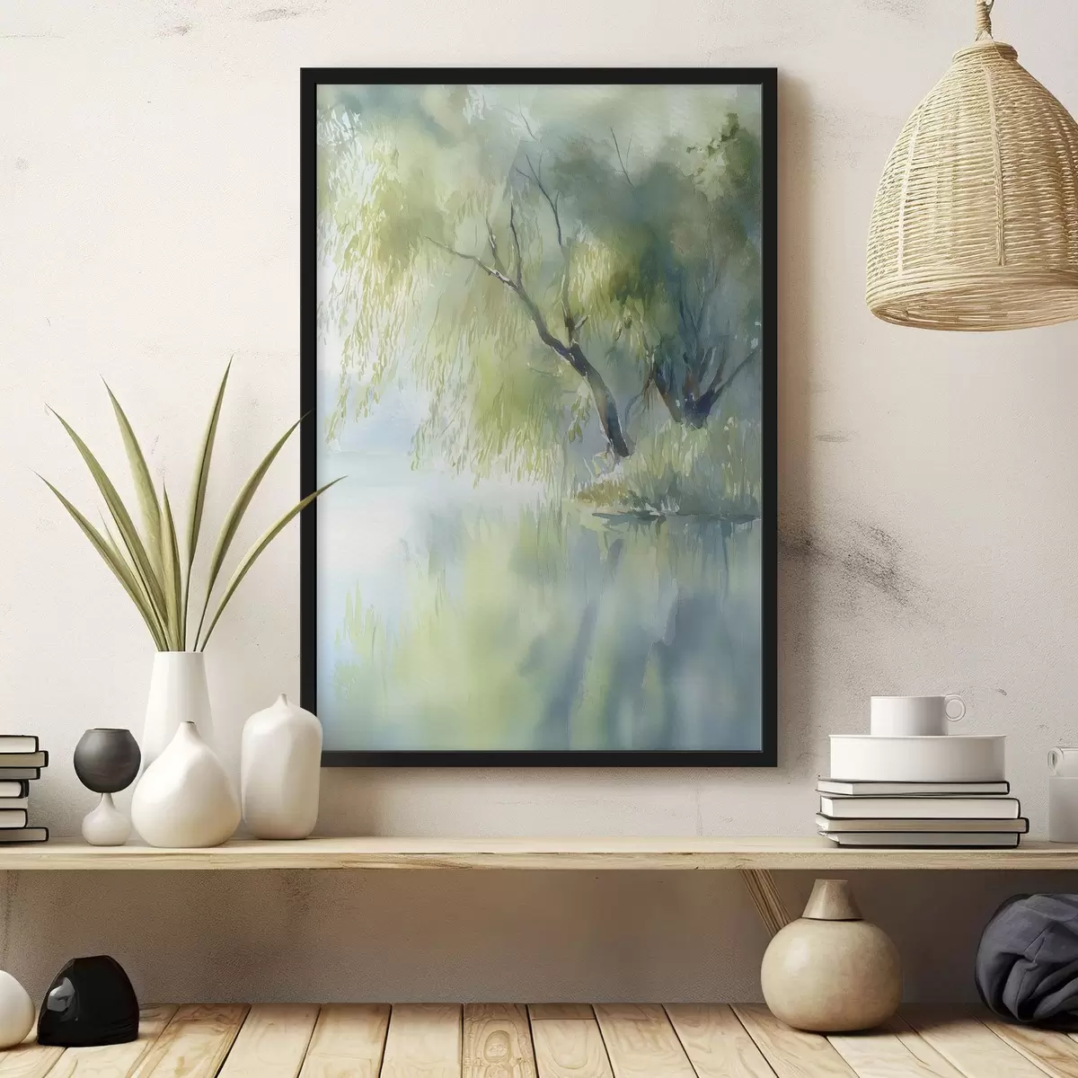 Poster wilgenboom aan de oever van het meer in aquarelstijl f45715