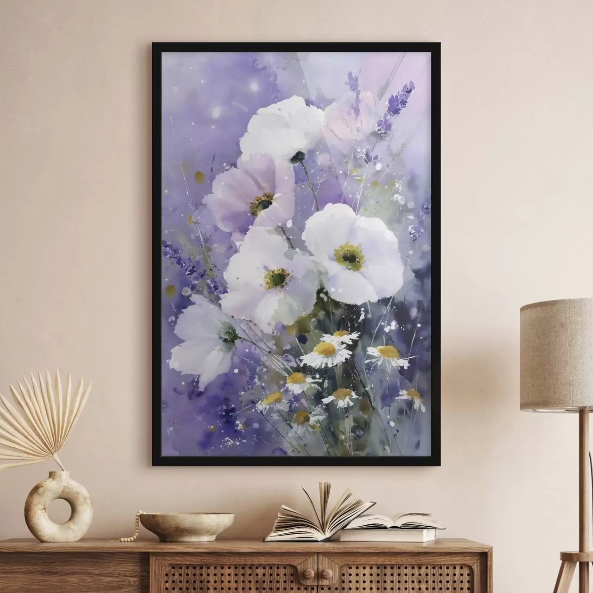 Poster aquarelboeket in lila en witte tinten f45719
