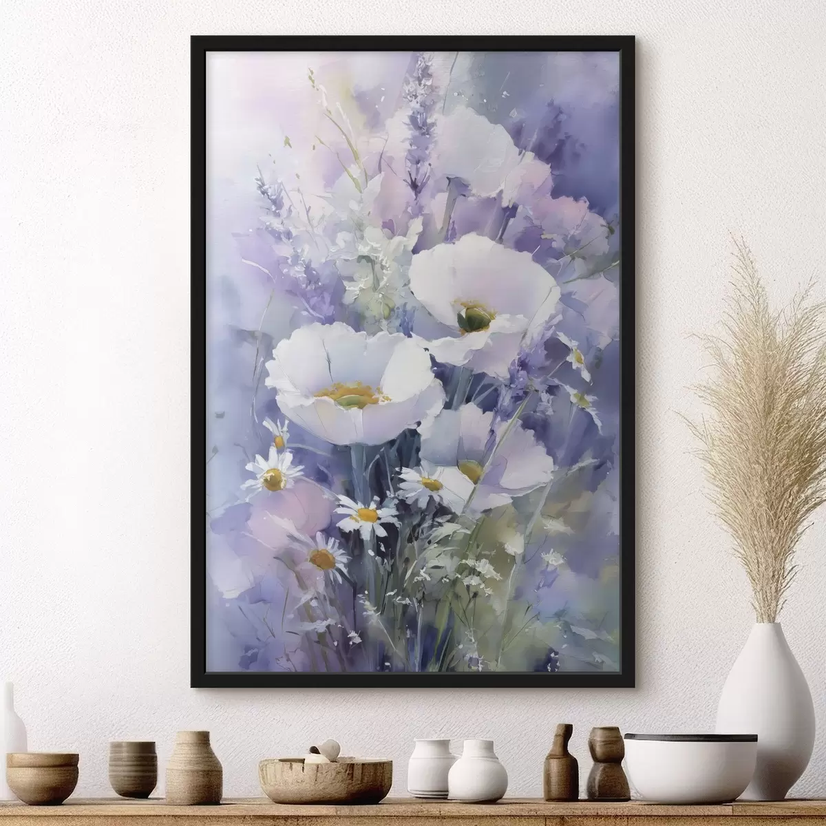 Poster aquarelboeket in lila en witte tinten f45720