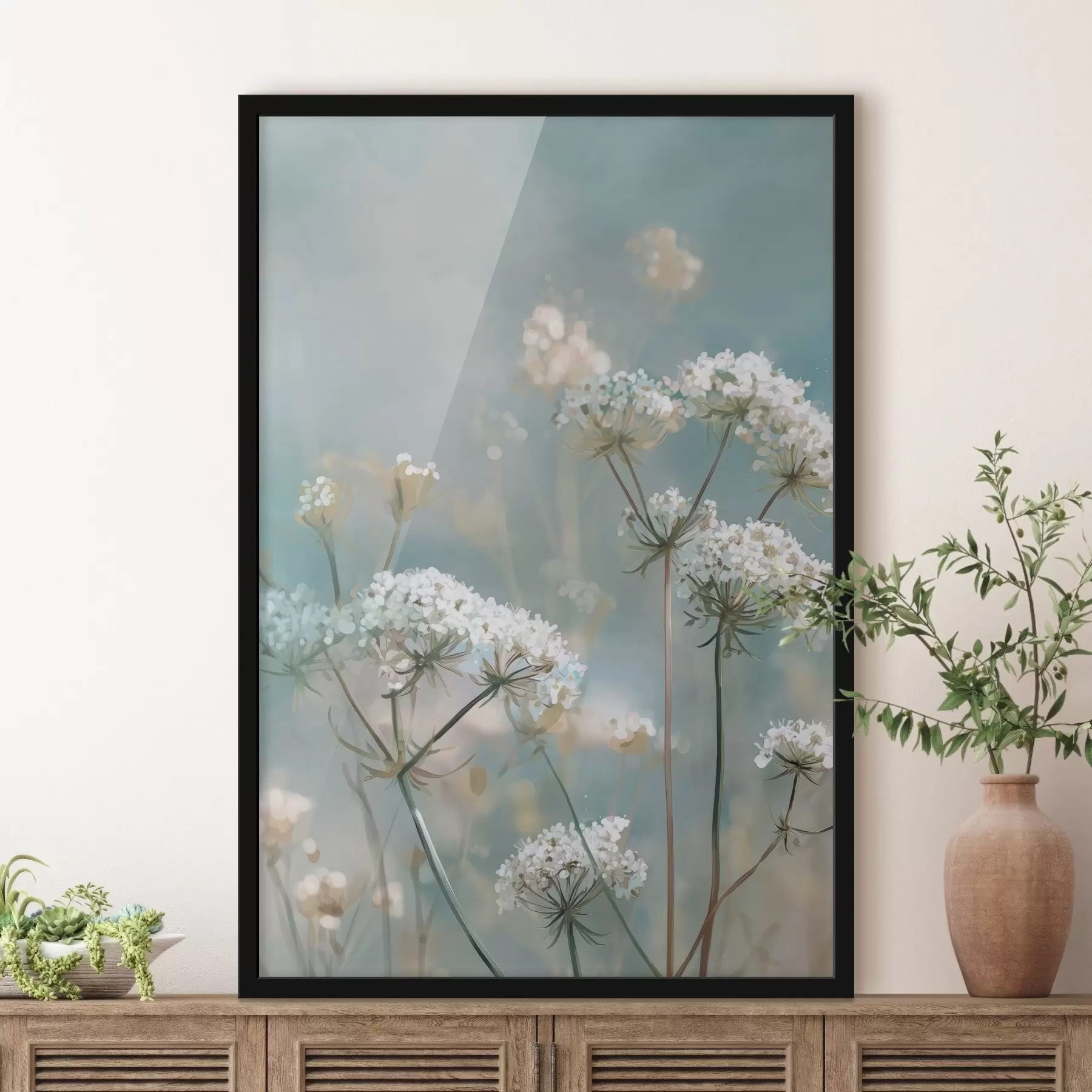 Fotobehang Queen Anne's Lace-bloemen in aquarelstijl op een blauwe achtergrond f45721