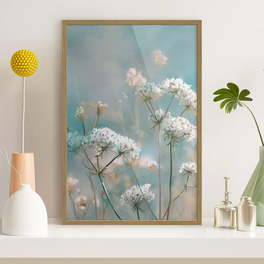 Fotobehang Queen Anne's Lace-bloemen in aquarelstijl op een blauwe achtergrond f45721