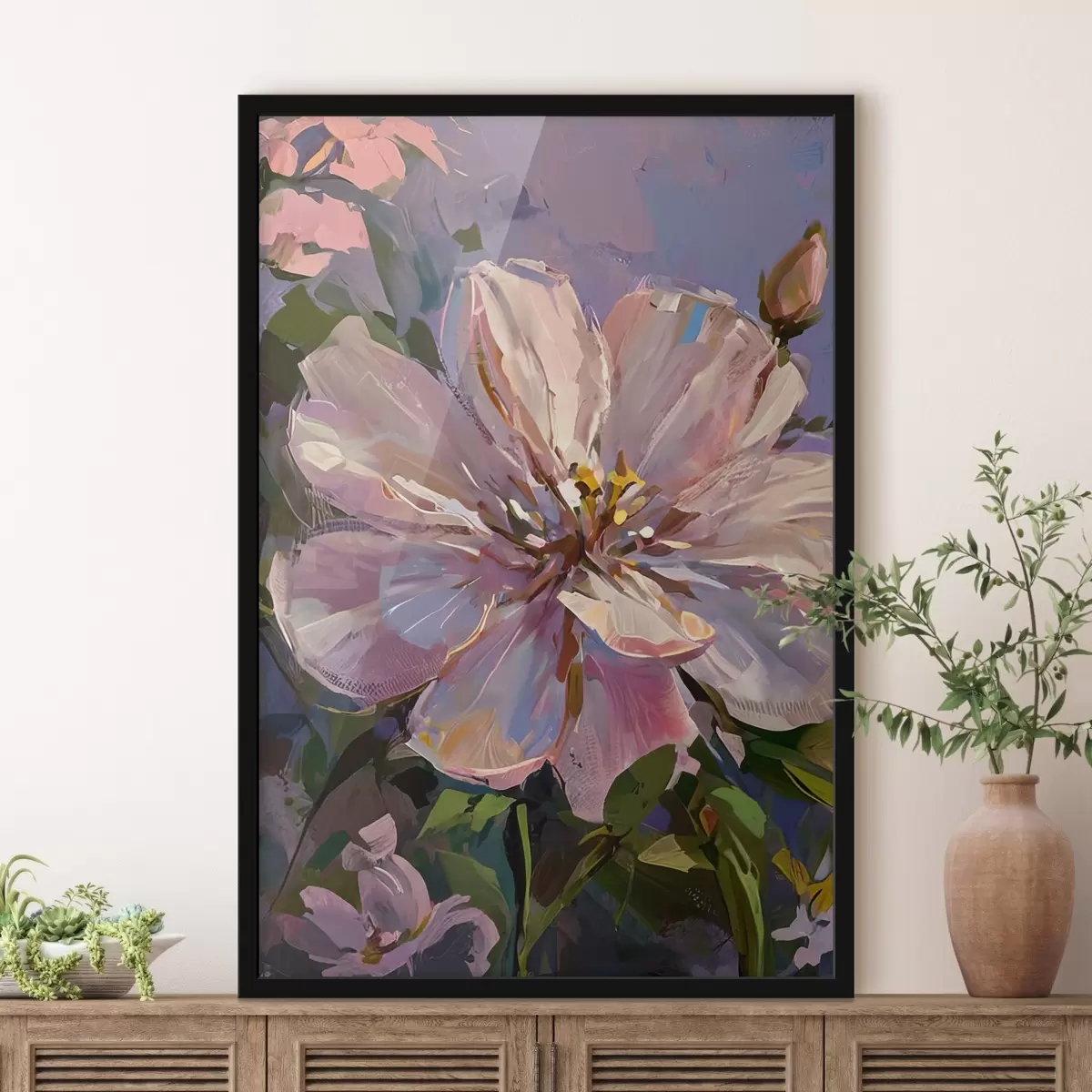 Poster roze bloemen in de stijl van een olieverfschilderij f45723
