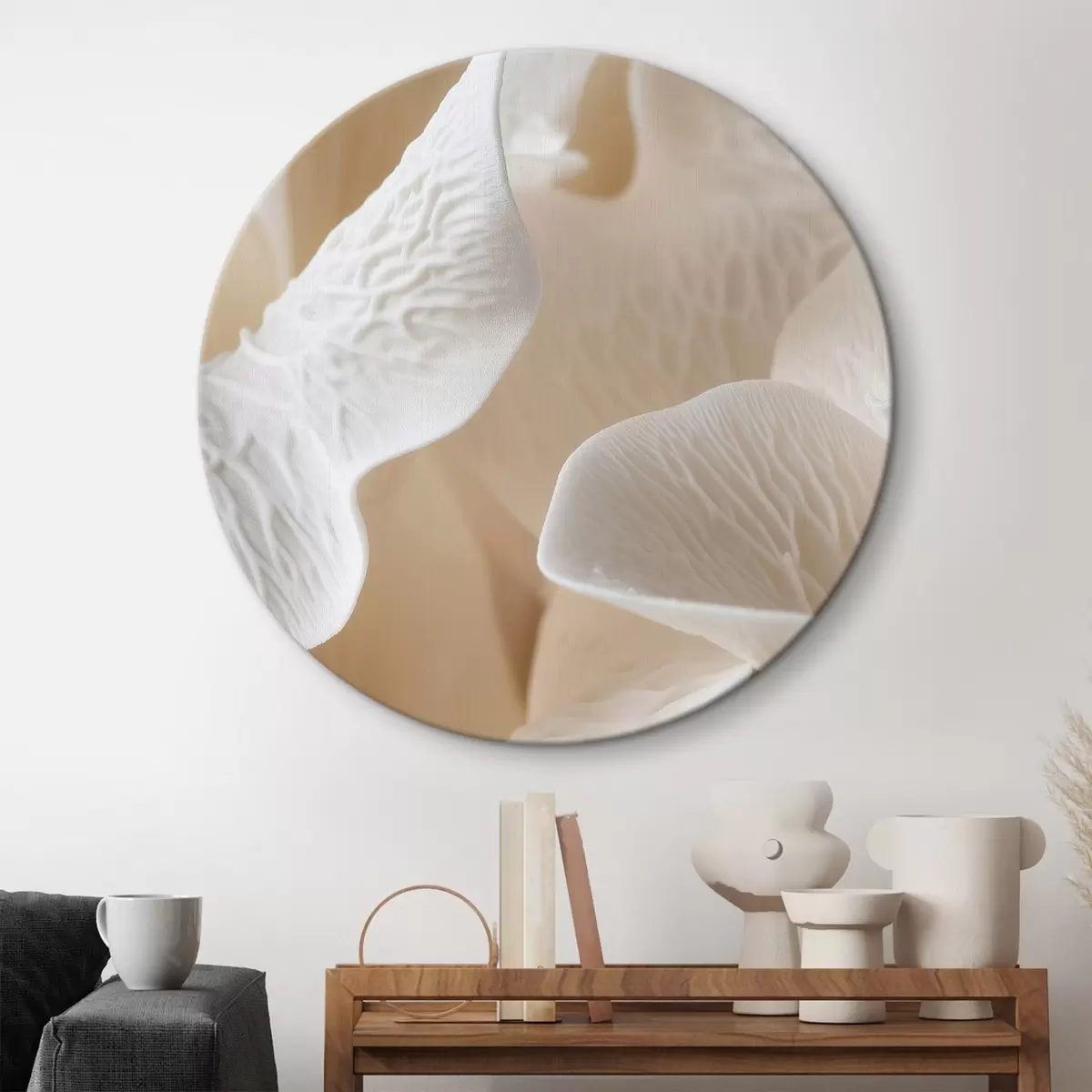 Ronde schilderijen bloemblaadjes met nerven in beige tinten r45703