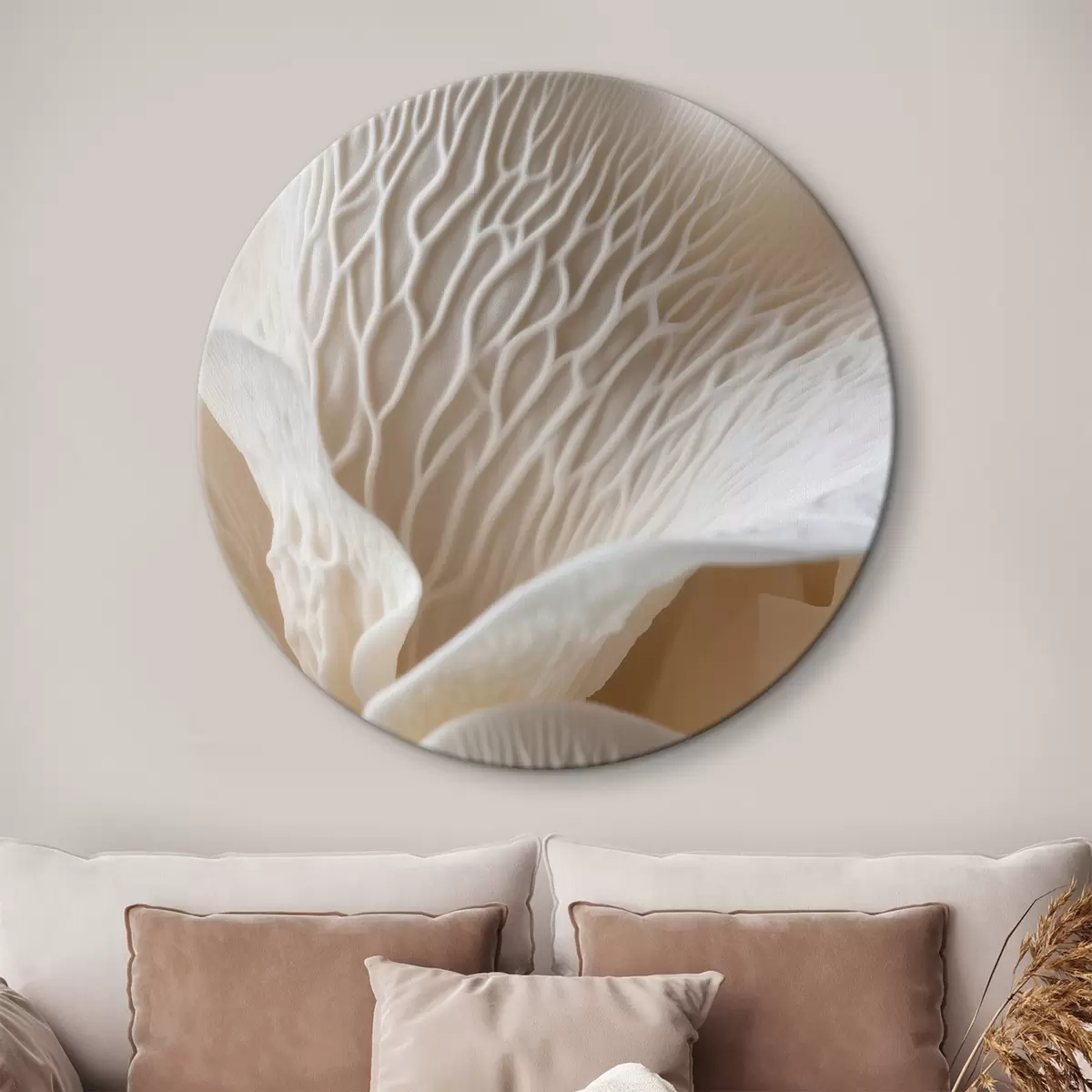 Ronde schilderijen bloemblaadjes met nerven in beige tinten r45704