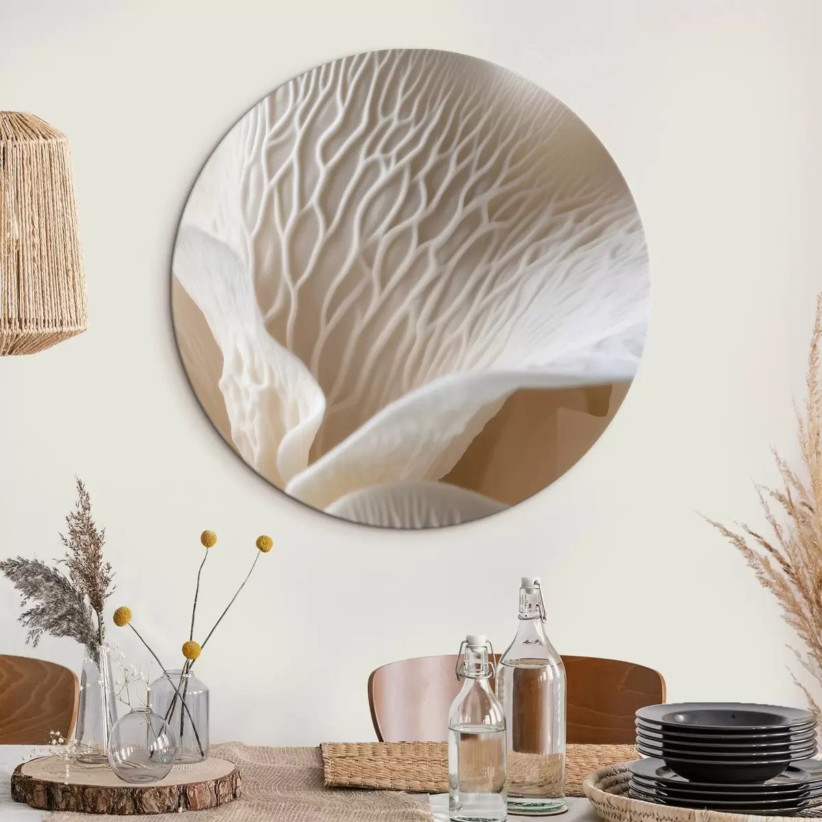 Ronde schilderijen bloemblaadjes met nerven in beige tinten r45704