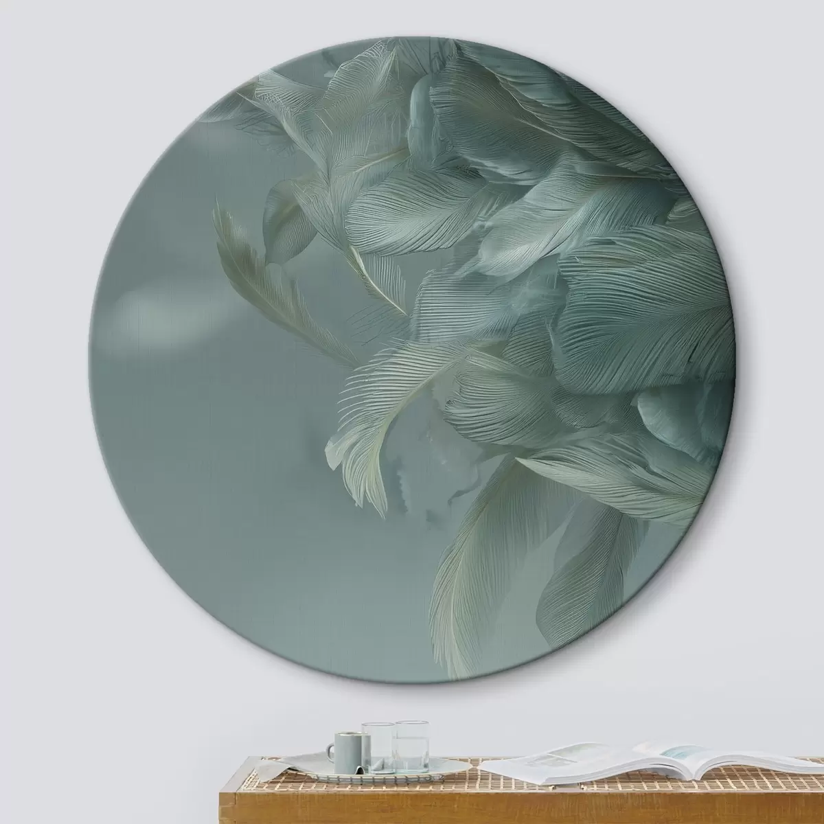 Ronde schilderijen veren in maritieme kleuren r45708
