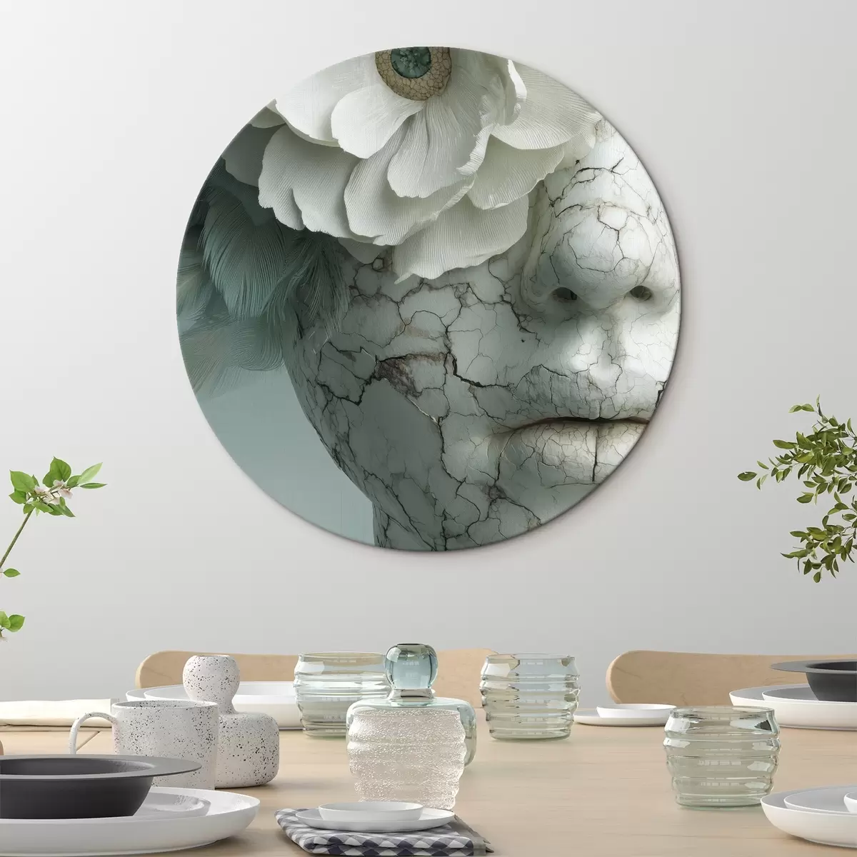 Ronde schilderijen marmeren gezicht van een meisje met een bloem r45709
