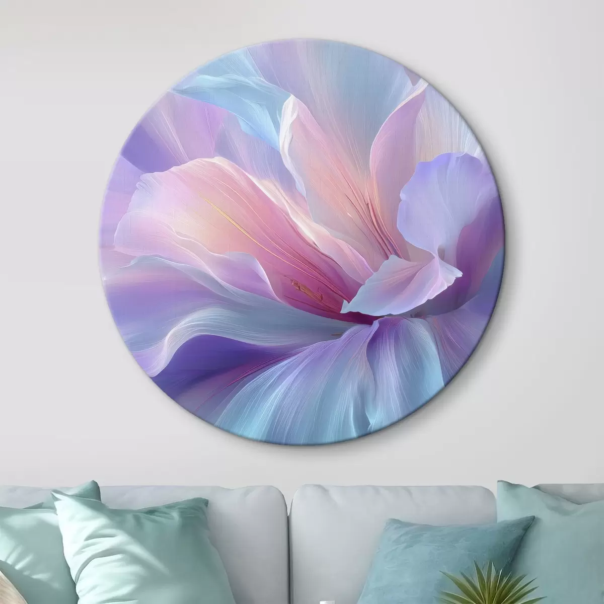Ronde schilderijen een delicate fantasiebloem met bloemblaadjes in tinten paars, blauw en roze. r45710