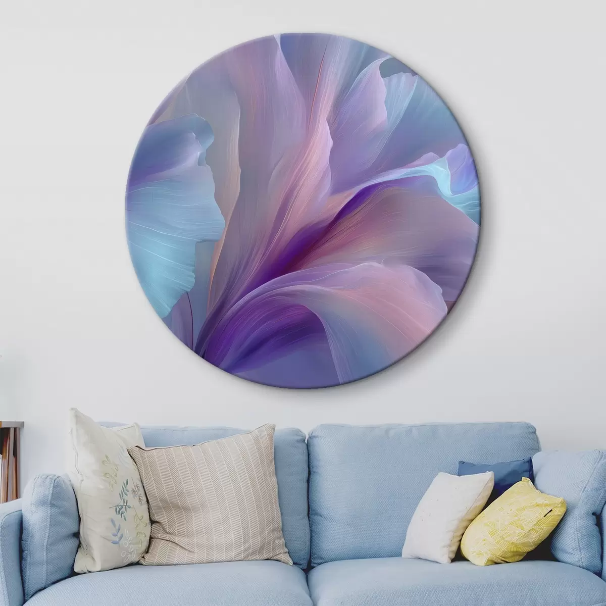 Ronde schilderijen een delicate fantasiebloem met bloemblaadjes in tinten paars, blauw en roze. r45711