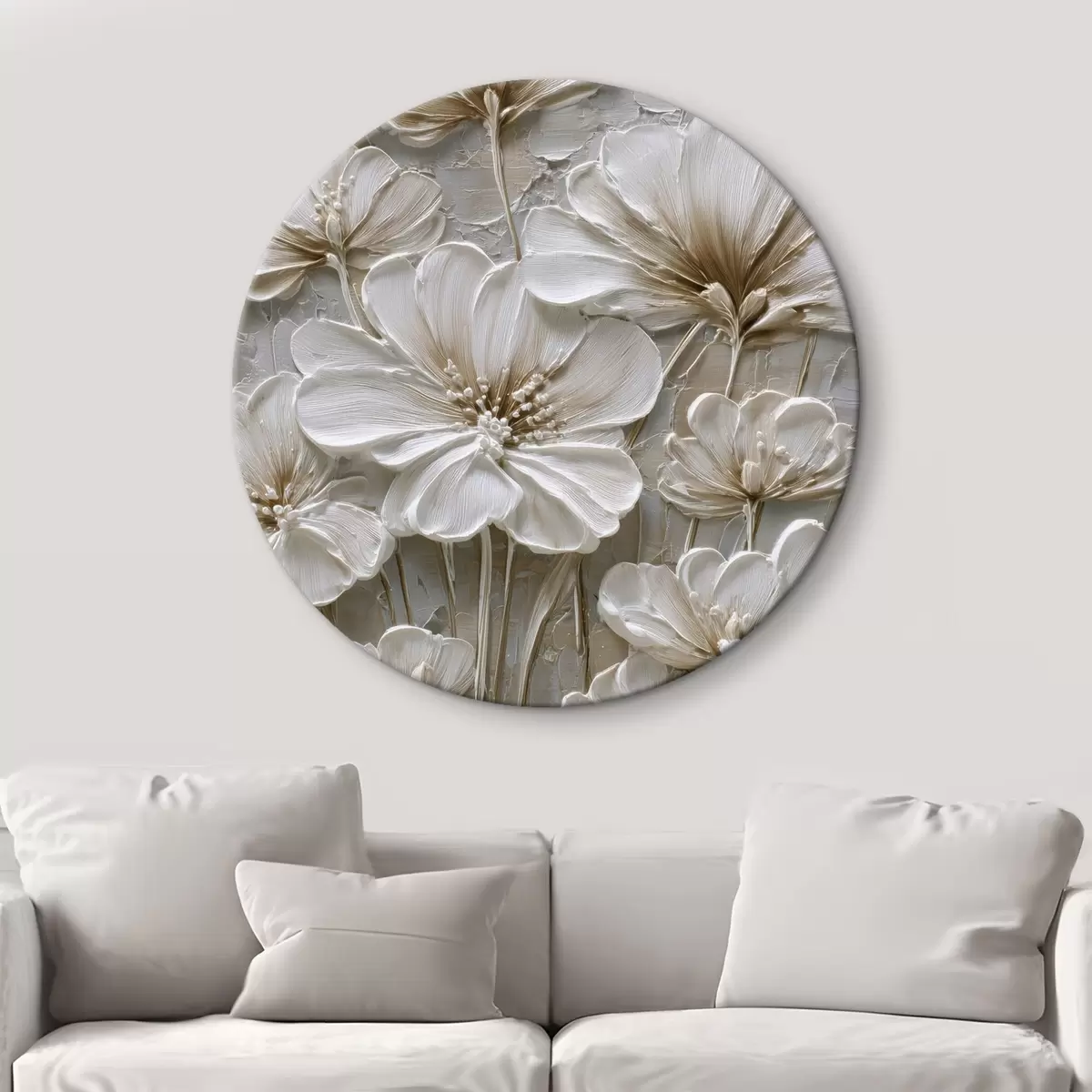 Ronde schilderijen crèmekleurige bloemen in imitatie-impastostijl r45712