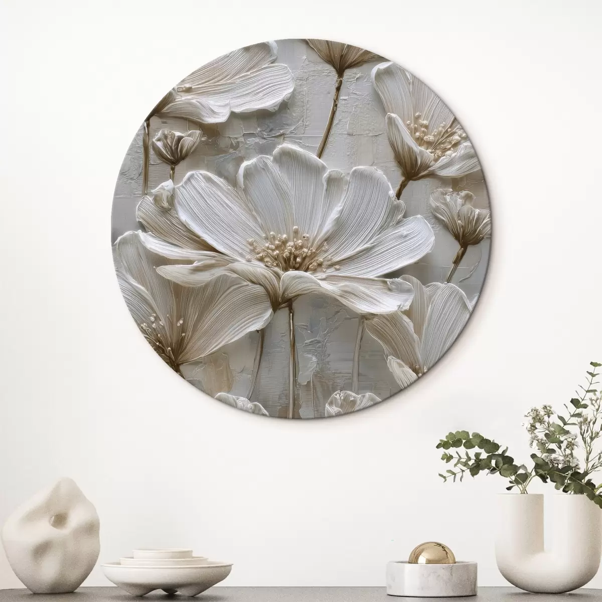 Ronde schilderijen crèmekleurige bloemen in imitatie-impastostijl r45713