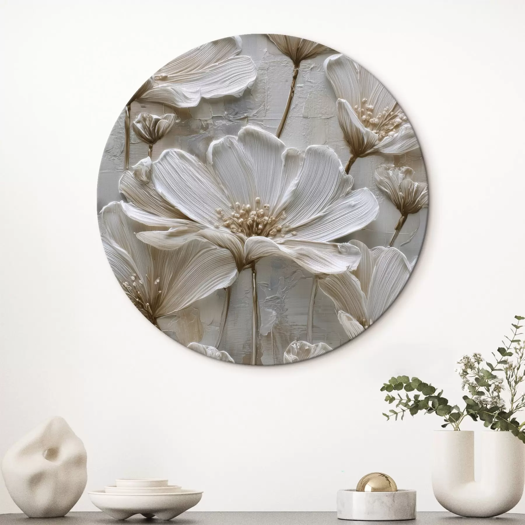 Schilderijen crèmekleurige bloemen in imitatie-impastostijl r45713