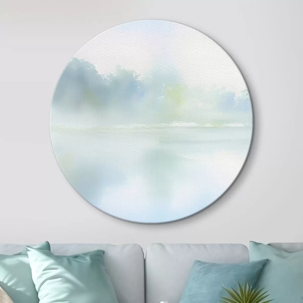 Ronde schilderijen aquarelmeer in blauwe tinten r45714