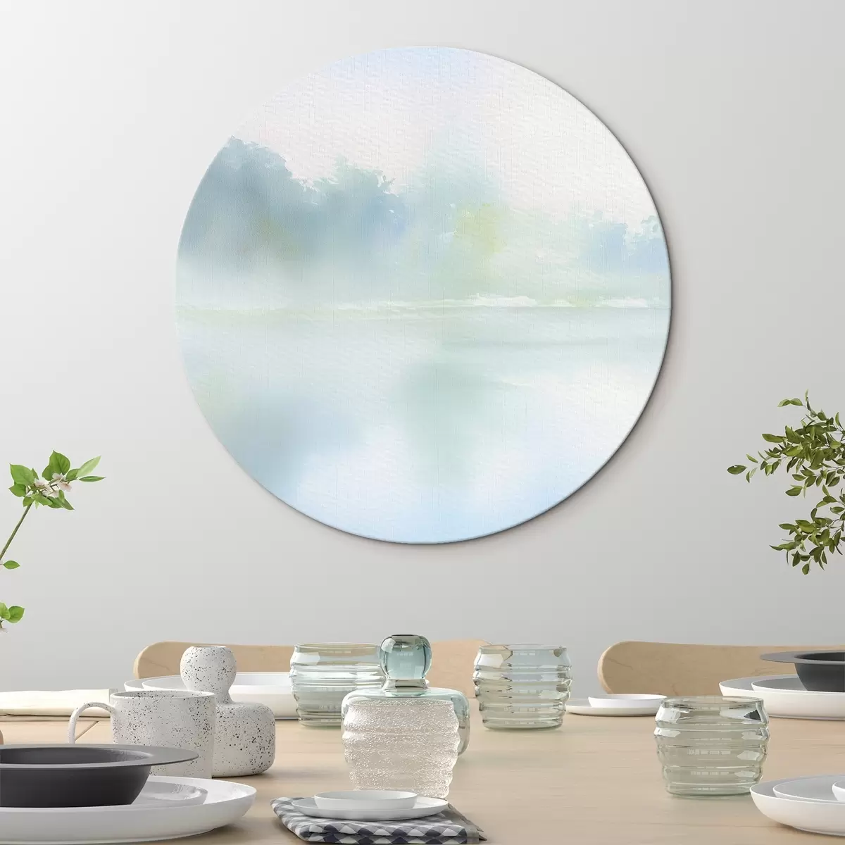 Ronde schilderijen aquarelmeer in blauwe tinten r45714