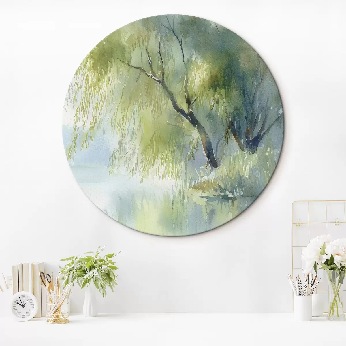 Ronde schilderijen wilgenboom aan de oever van het meer in aquarelstijl r45715