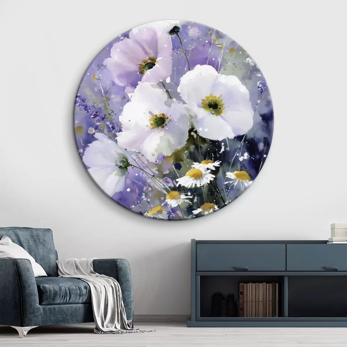 Ronde schilderijen aquarelboeket in lila en witte tinten r45719