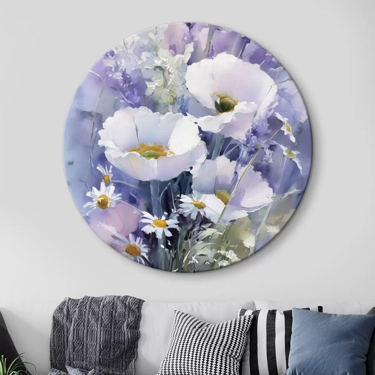 Ronde schilderijen aquarelboeket in lila en witte tinten r45720