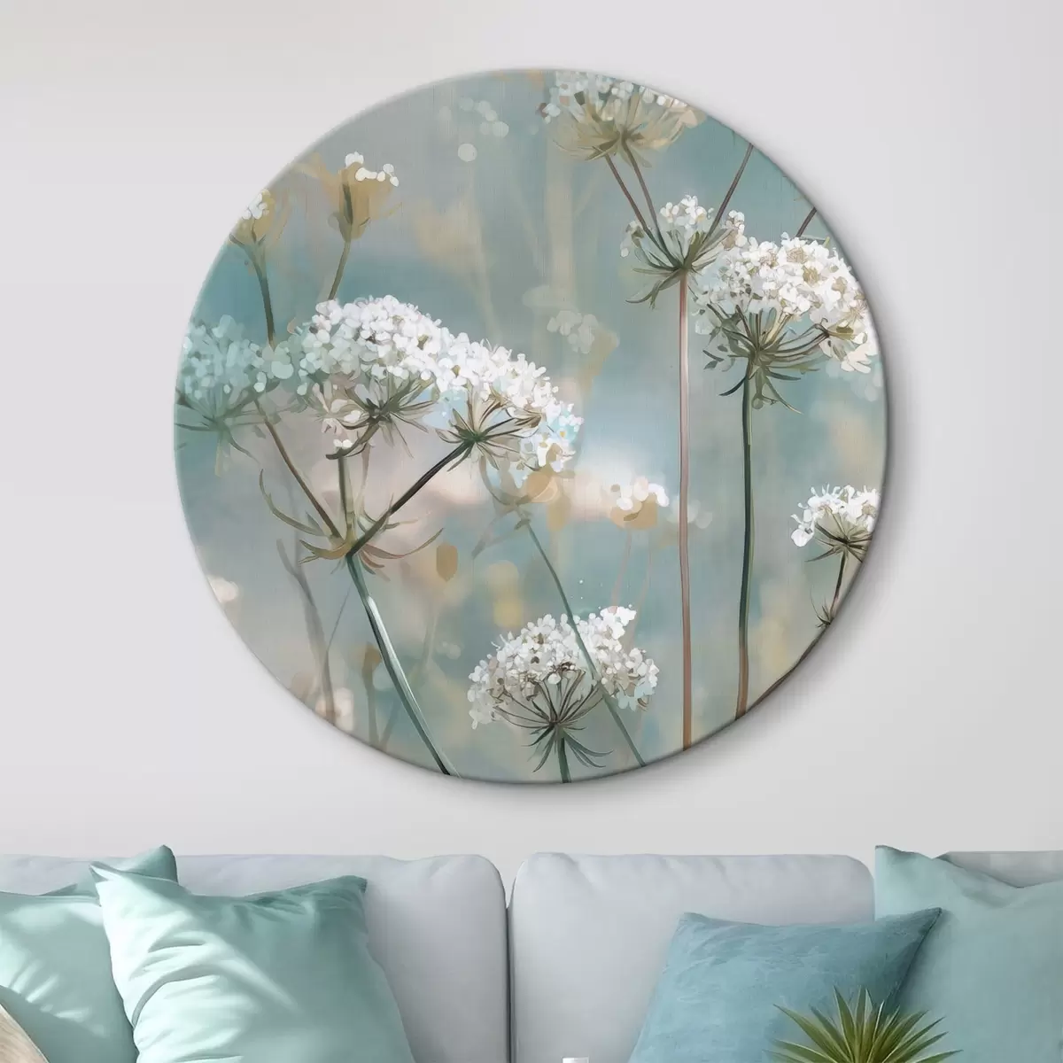 Ronde schilderijen Queen Anne's Lace-bloemen in aquarelstijl op een blauwe achtergrond r45721