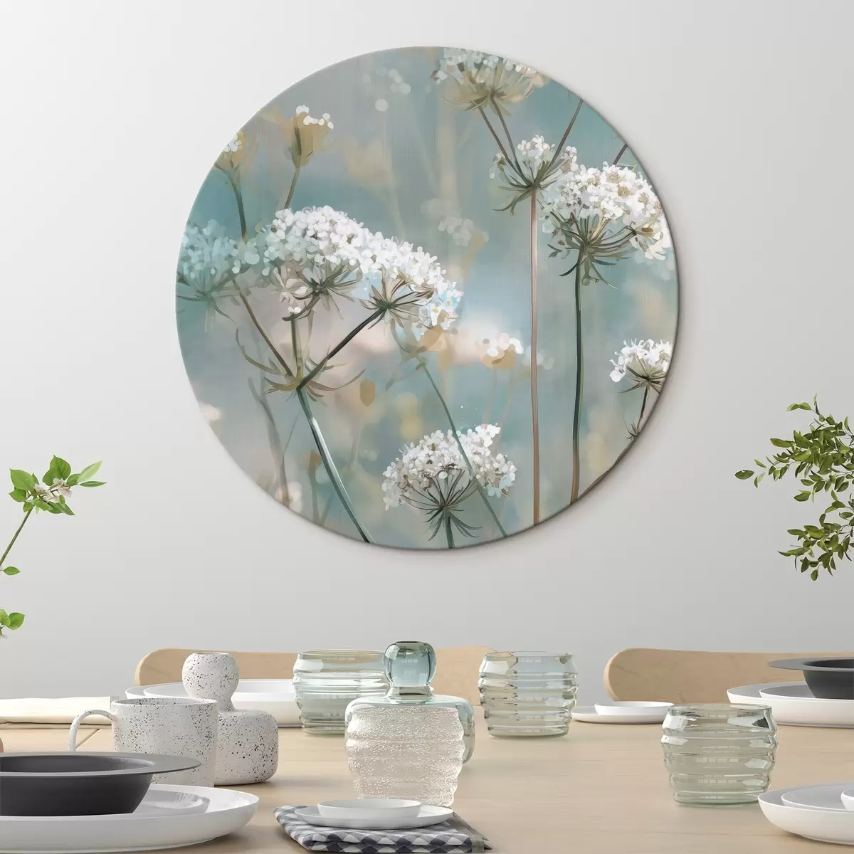 Ronde schilderijen Queen Anne's Lace-bloemen in aquarelstijl op een blauwe achtergrond r45721
