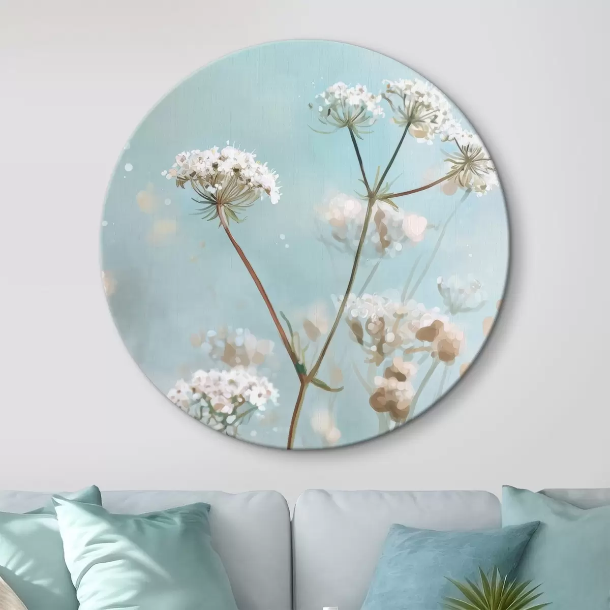 Ronde schilderijen Queen Anne's Lace-bloemen in aquarelstijl op een blauwe achtergrond r45722