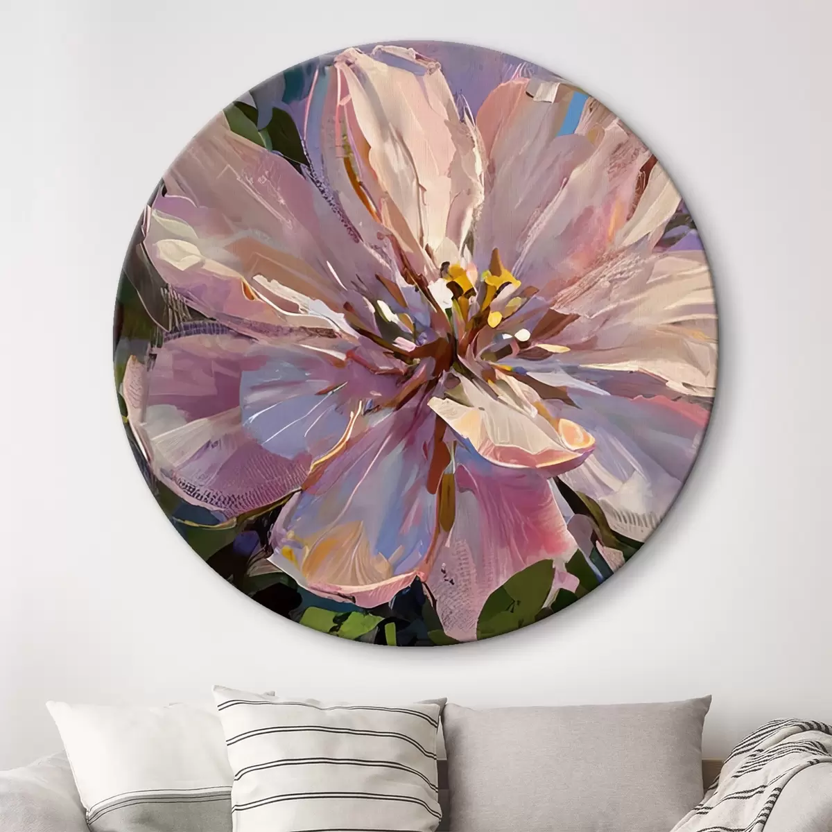 Ronde schilderijen roze bloemen in de stijl van een olieverfschilderij r45723