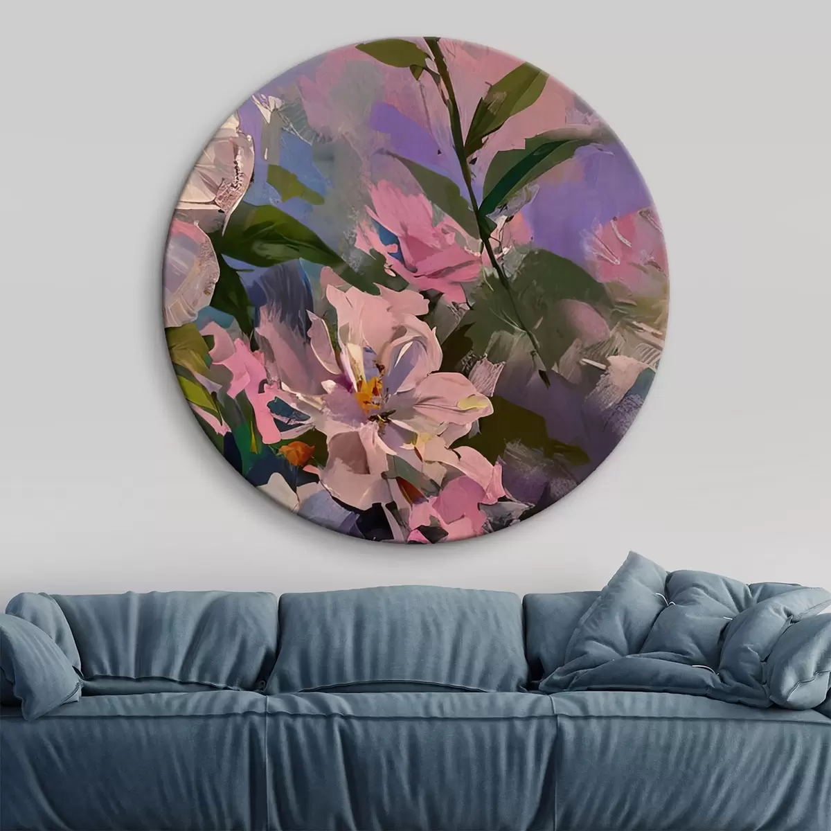 Ronde schilderijen roze bloemen in de stijl van een olieverfschilderij r45724
