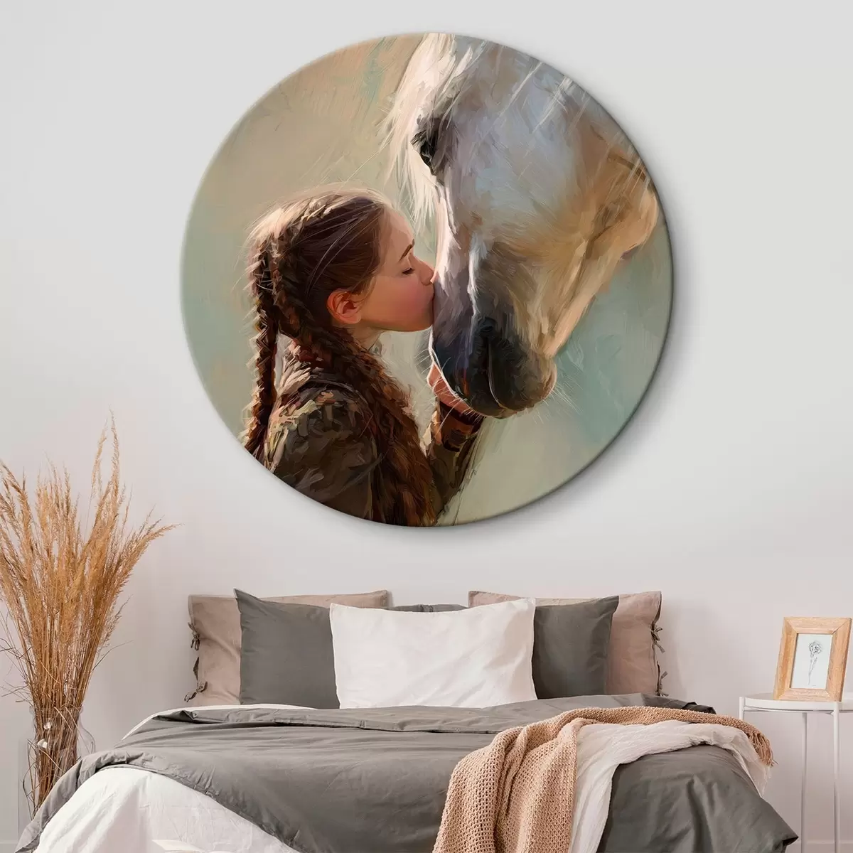 Ronde schilderijen meisje dat een paard kust r45731