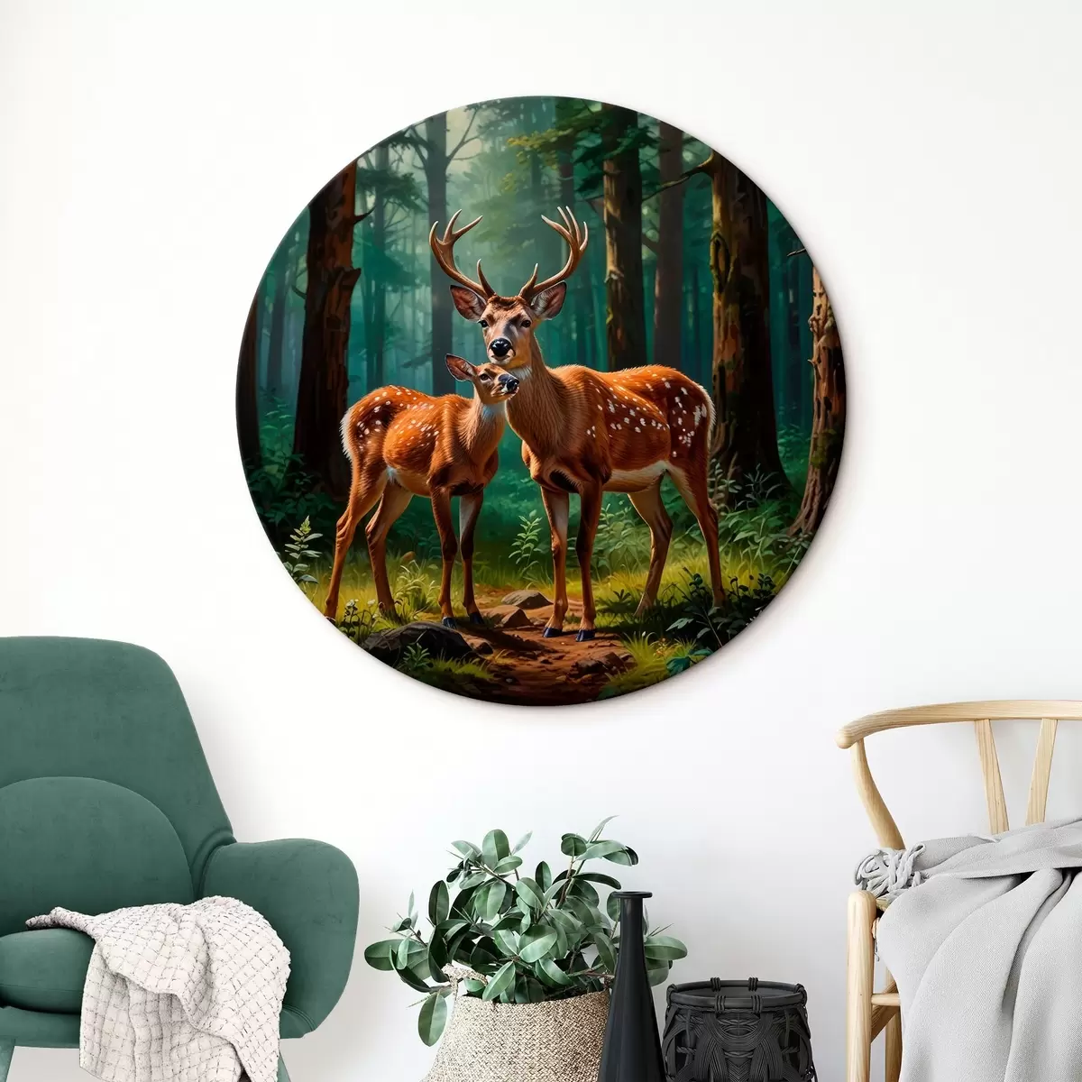 Ronde schilderijen hert met kalf in het bos r45732