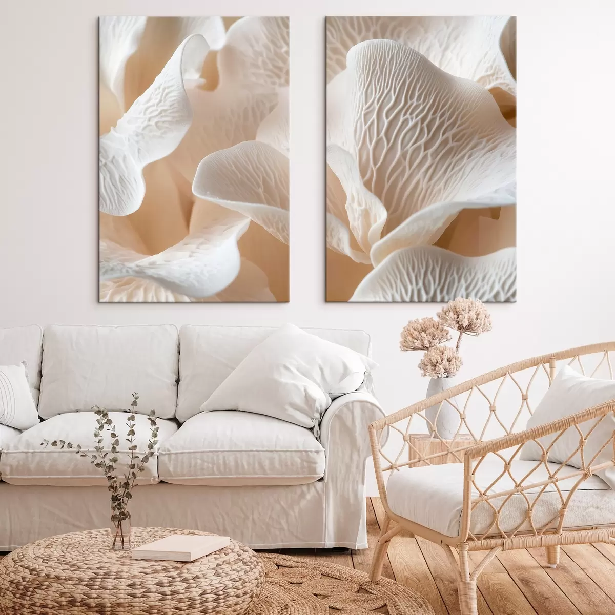  Schilderijen bloemblaadjes met nerven in beige tinten m00697