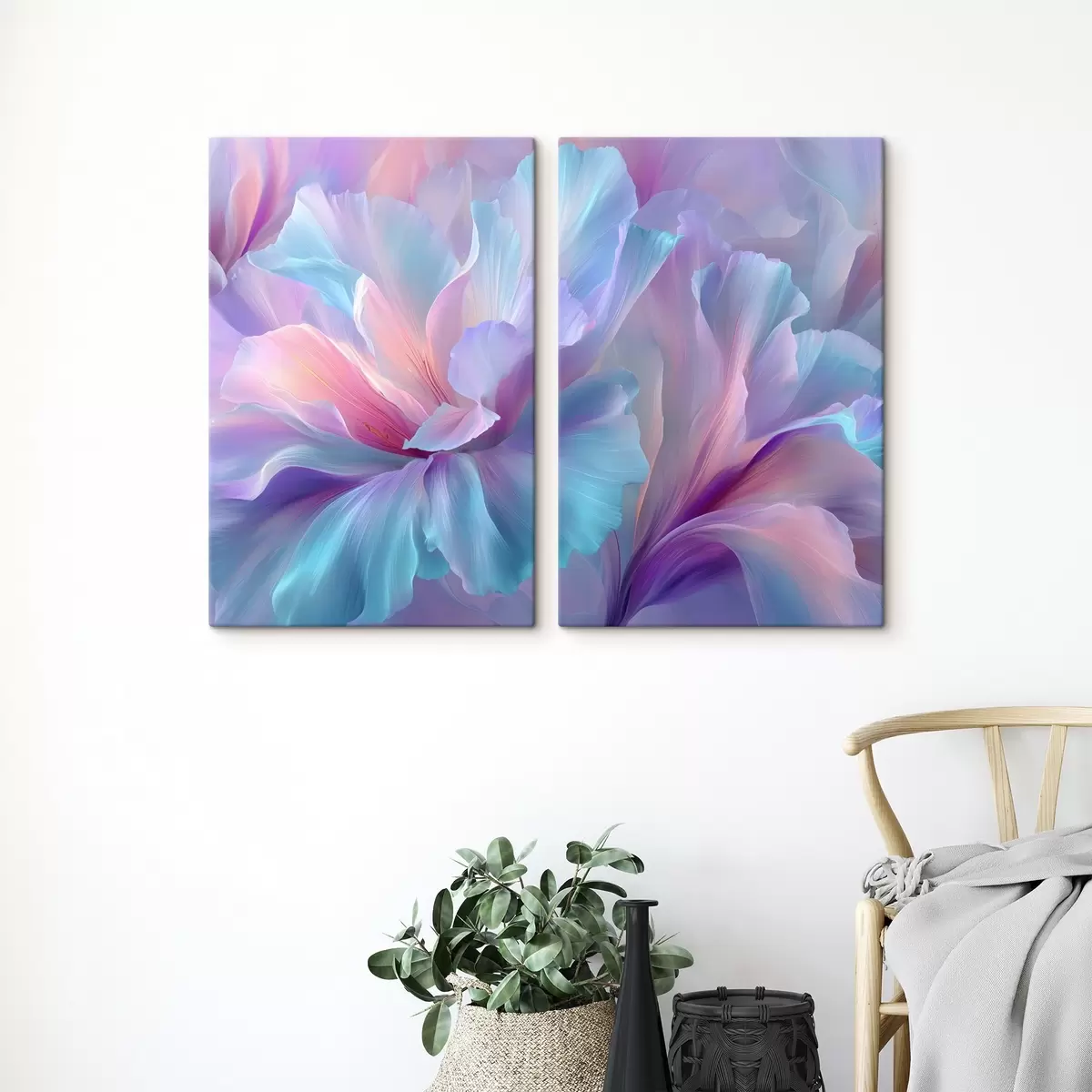  Schilderijen een delicate fantasiebloem met bloemblaadjes in tinten paars, blauw en roze. m00700