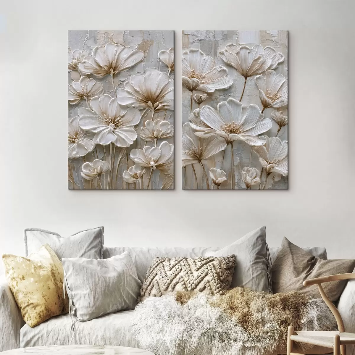 Schilderijen crèmekleurige bloemen in imitatie-impastostijl m00701