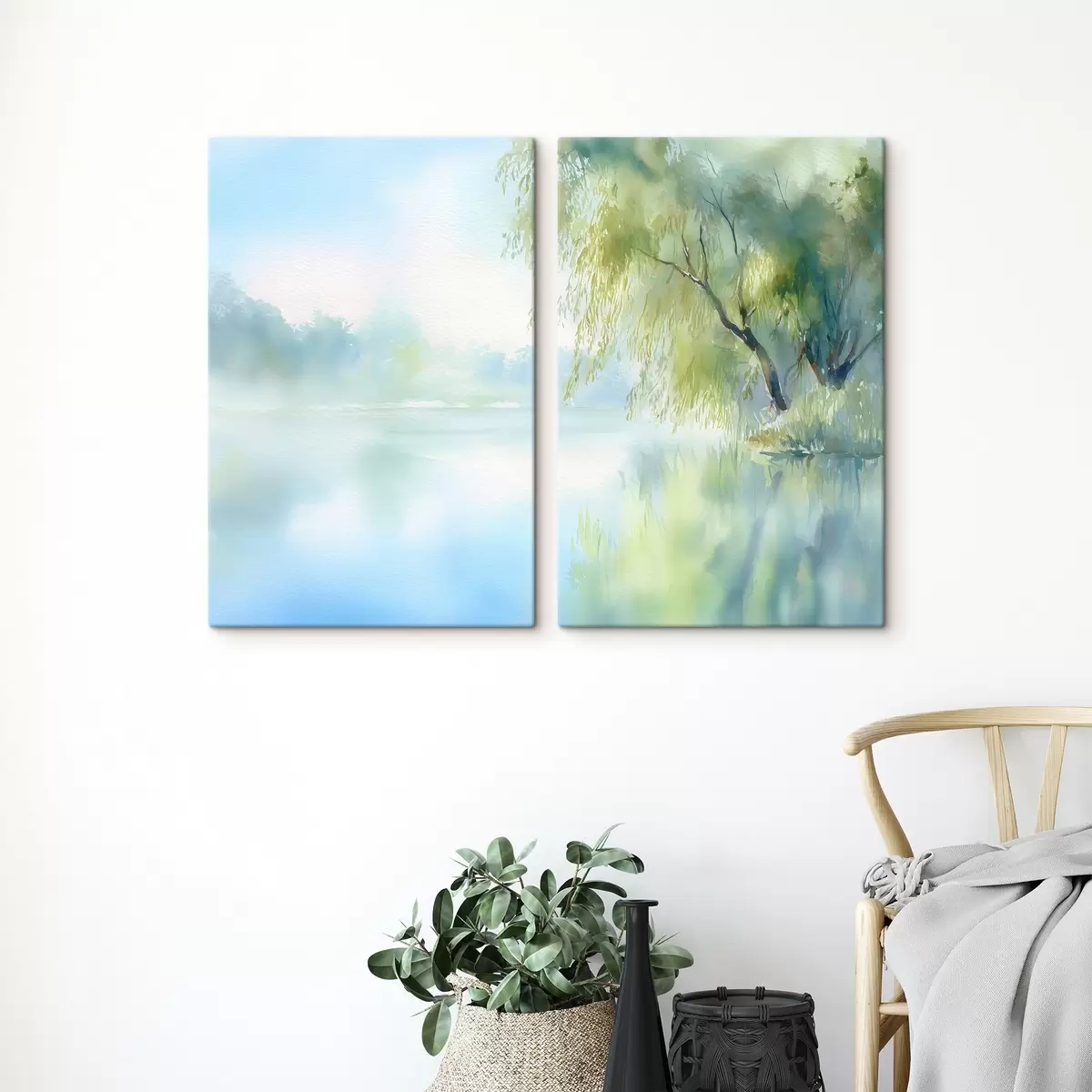 Schilderijen wilgenboom aan de oever van het meer in aquarelstijl m00702