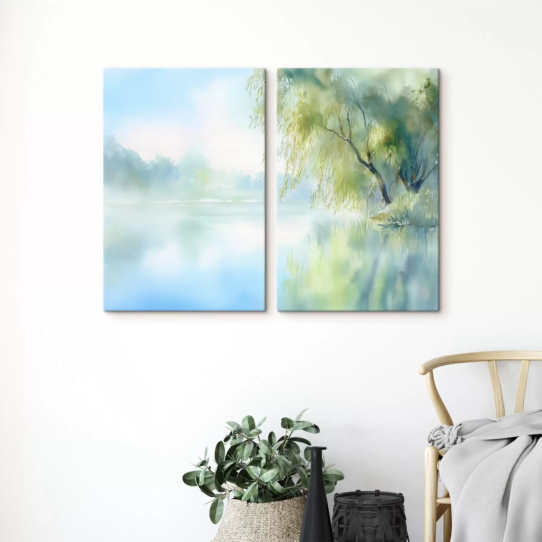  Schilderijen wilgenboom aan de oever van het meer in aquarelstijl m00702