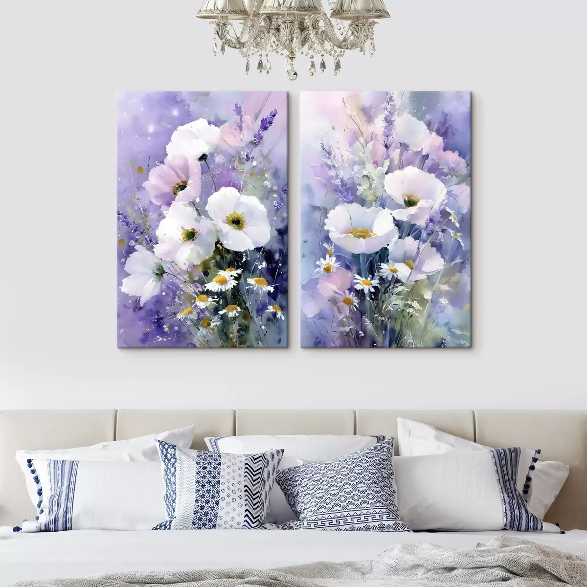  Schilderijen aquarelboeket in lila en witte tinten m00704