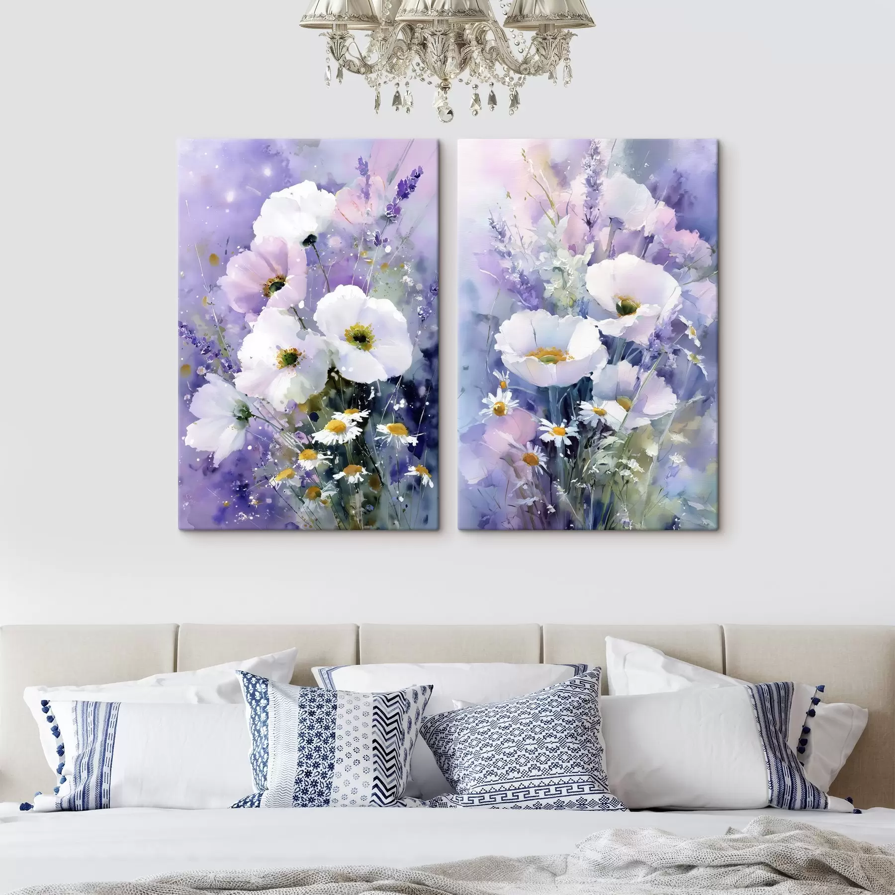  Schilderijen aquarelboeket in lila en witte tinten m00704