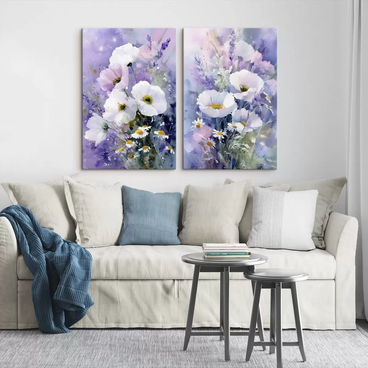  Schilderijen aquarelboeket in lila en witte tinten m00704