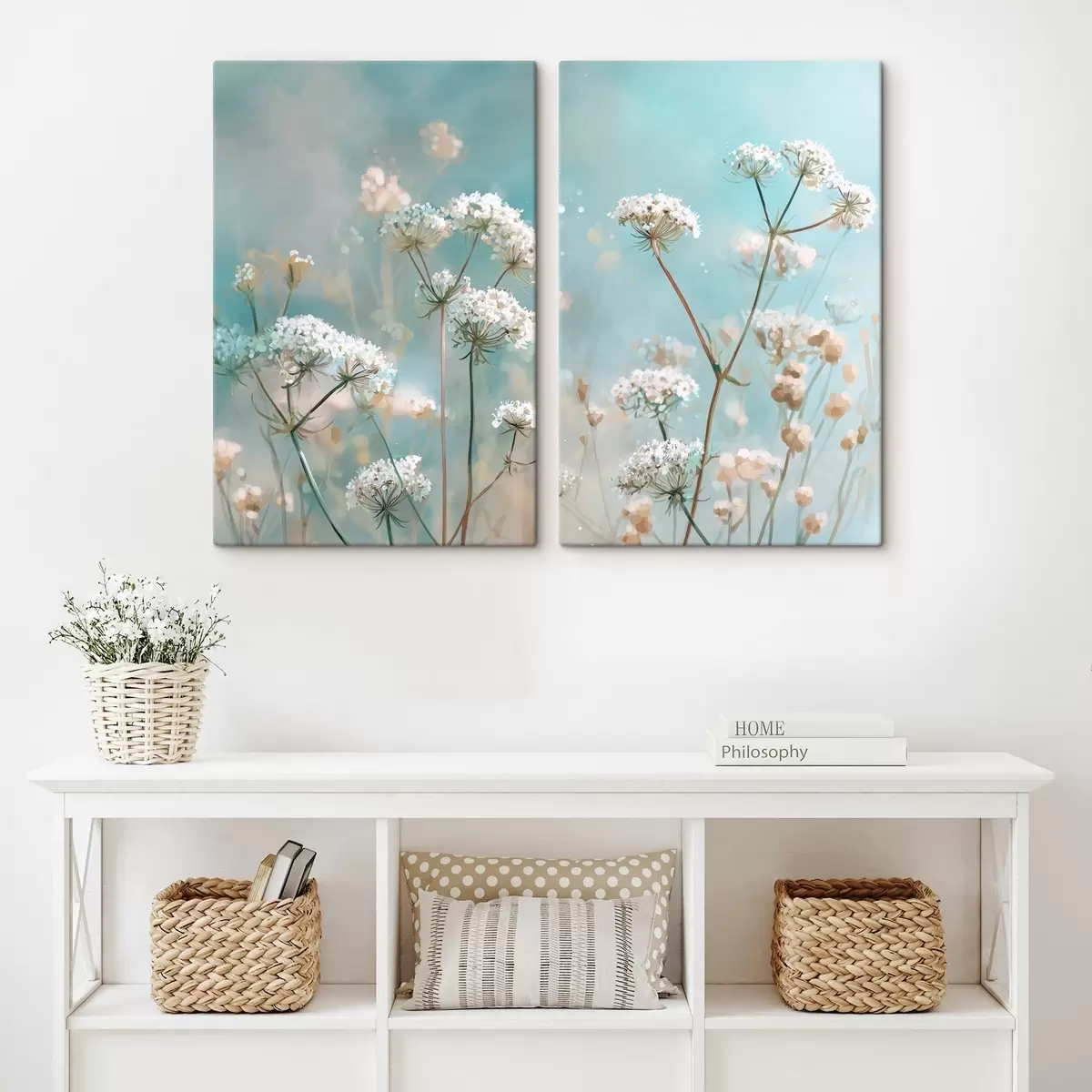  Schilderijen Queen Anne's Lace-bloemen in aquarelstijl op een blauwe achtergrond m00705