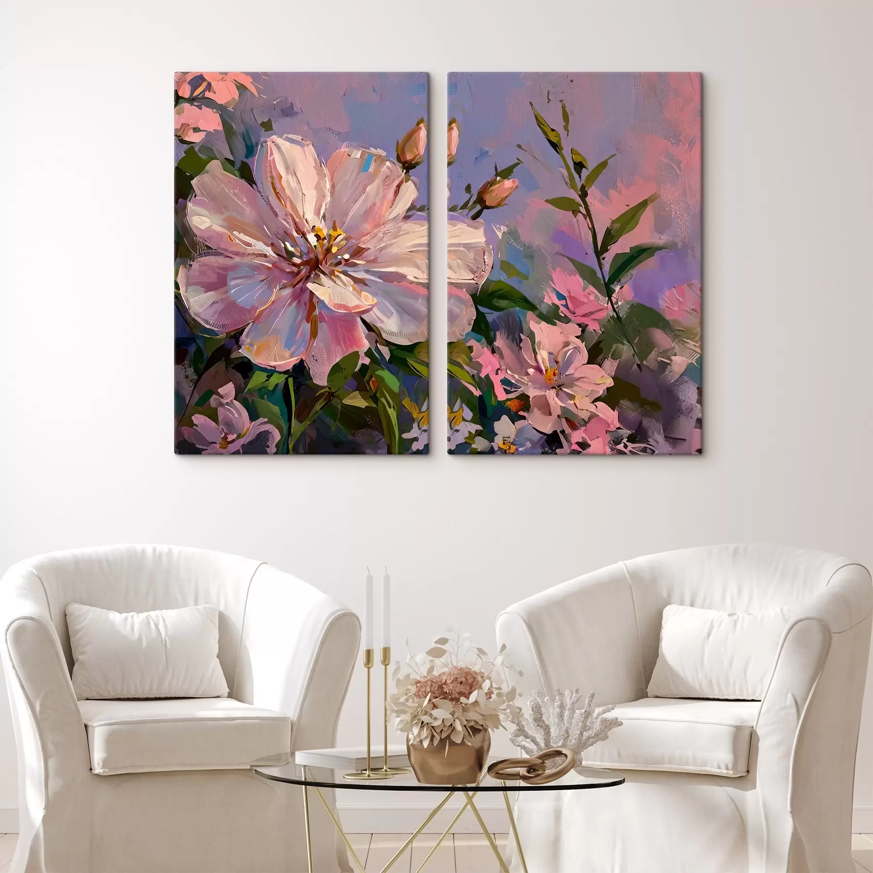  Schilderijen roze bloemen in de stijl van een olieverfschilderij m00706
