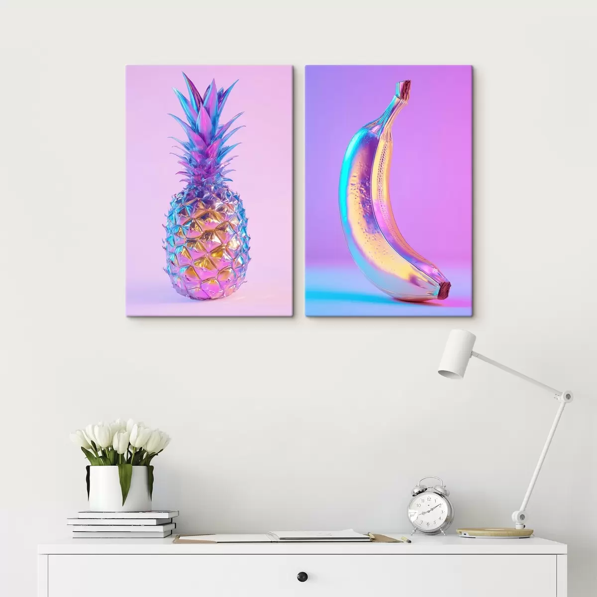  Schilderijen heldere glanzende ananas en banaan in popartstijl m00737