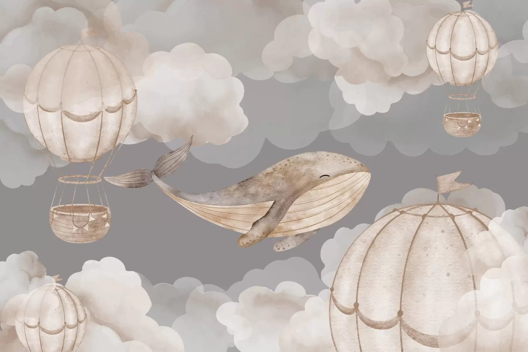 Fotobehang Walvissen en heteluchtballonnen tussen zachte wolken w04522
