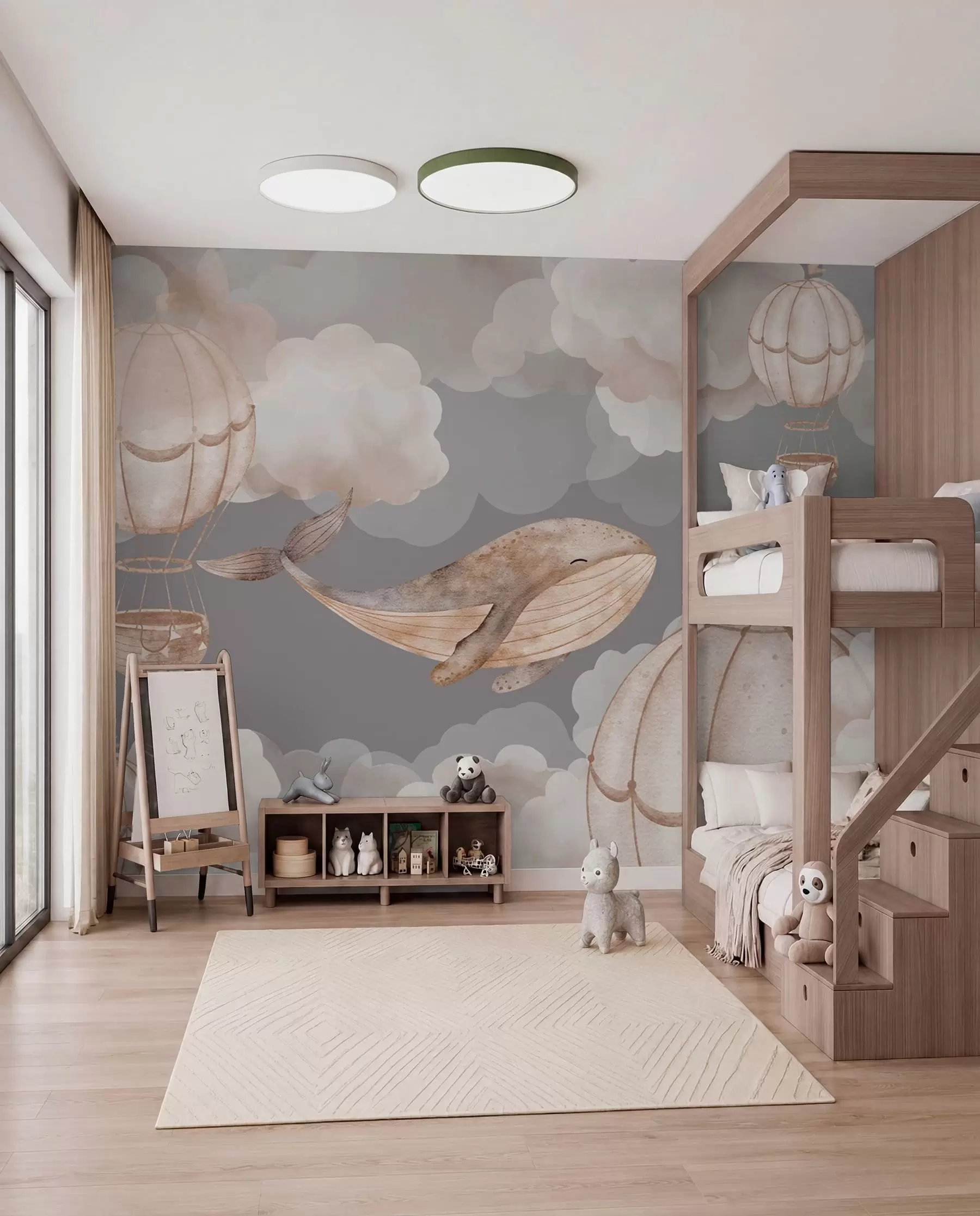 Fotobehang Walvissen en heteluchtballonnen tussen zachte wolken w04522