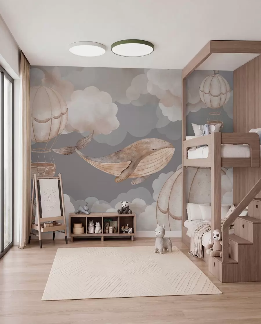 Fotobehang Walvissen en heteluchtballonnen tussen zachte wolken w04522