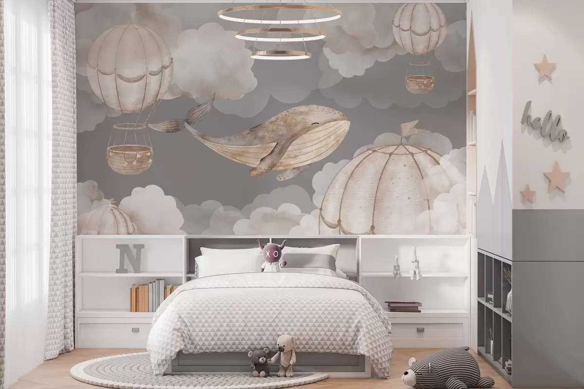 Fotobehang Walvissen en heteluchtballonnen tussen zachte wolken w04522