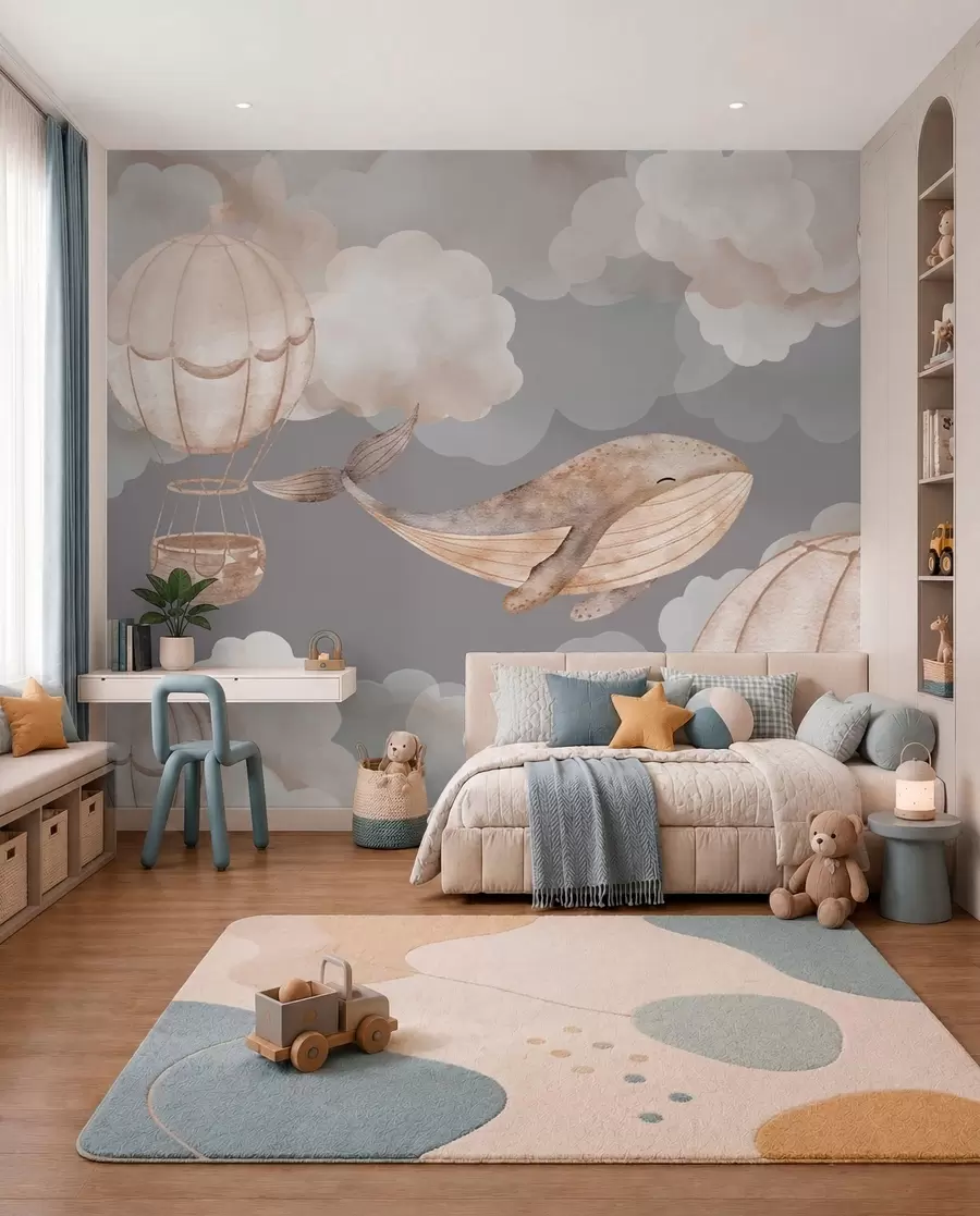 Fotobehang Walvissen en heteluchtballonnen tussen zachte wolken w04522
