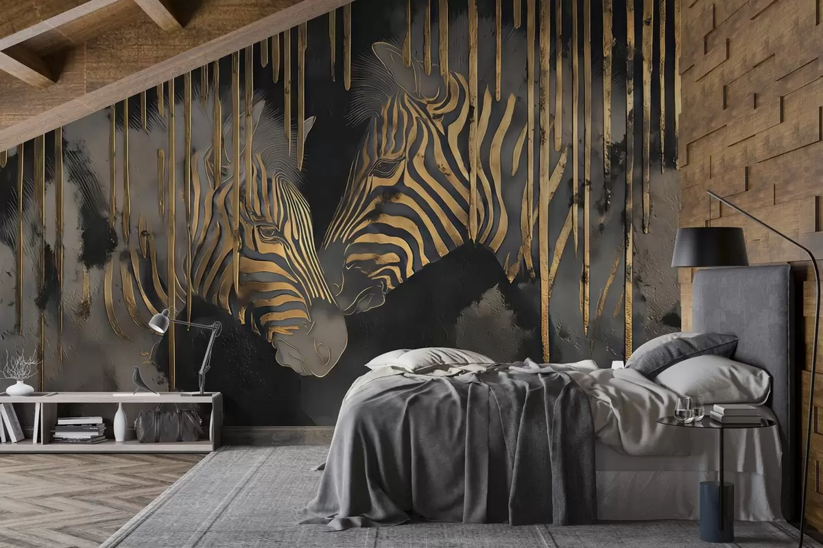 Fotobehang Zebra's met abstracte zwarte achtergrond w04548