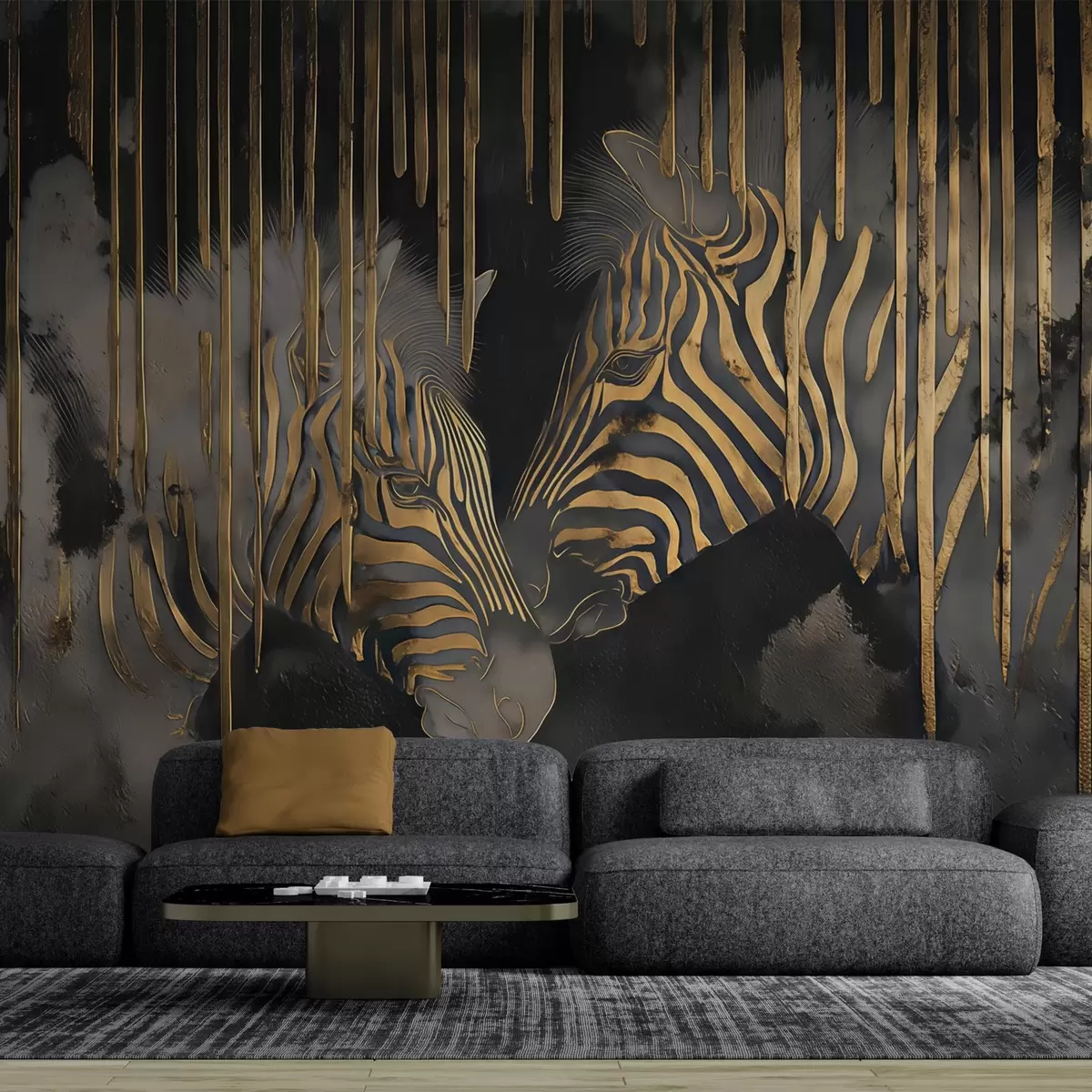 Fotobehang Zebra's met abstracte zwarte achtergrond w04548