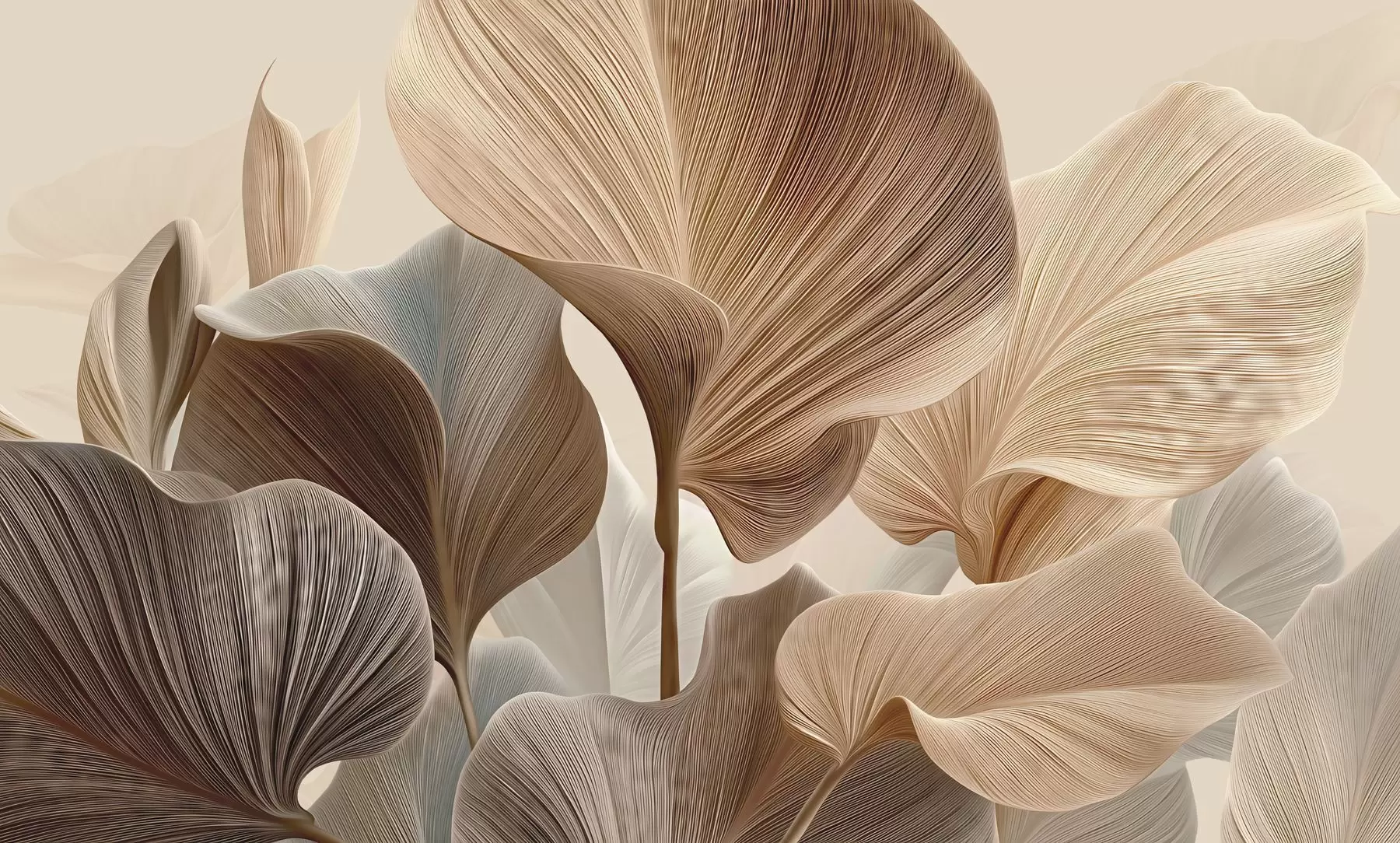 Fotobehang Elegante beige bladeren met fijne lineaire textuur w04549