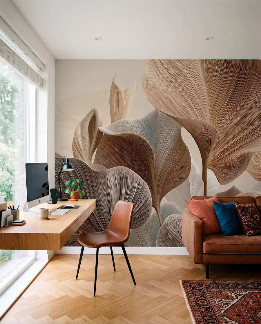 Fotobehang Elegante beige bladeren met fijne lineaire textuur w04549